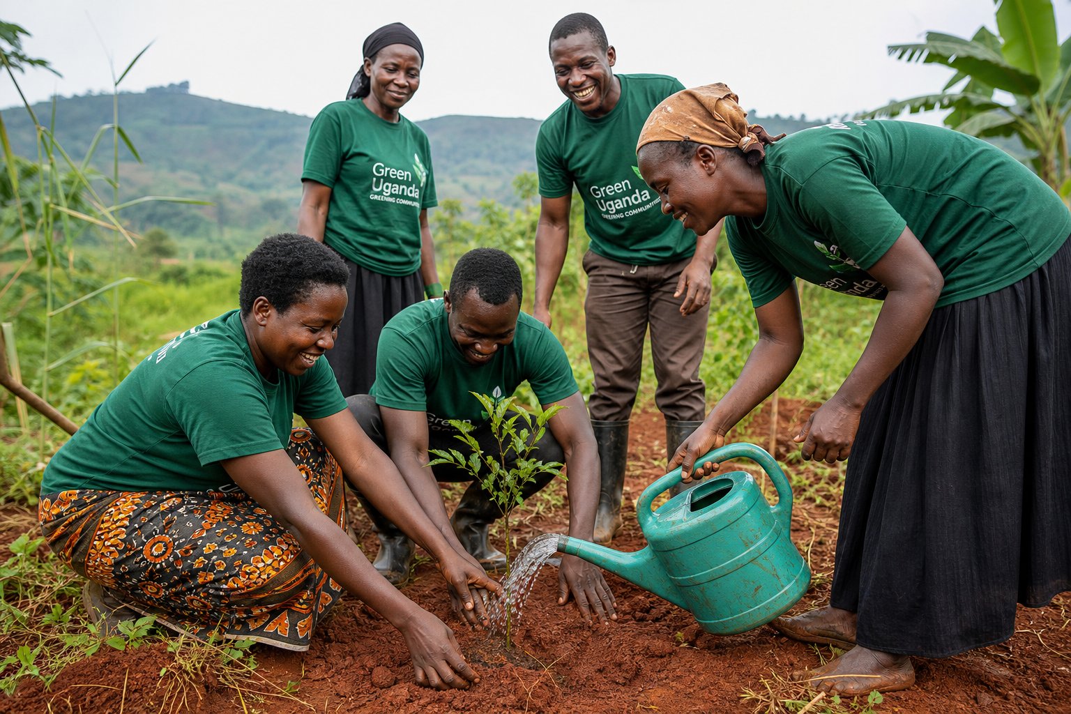 Community volunteers working together to plant tree seedlings