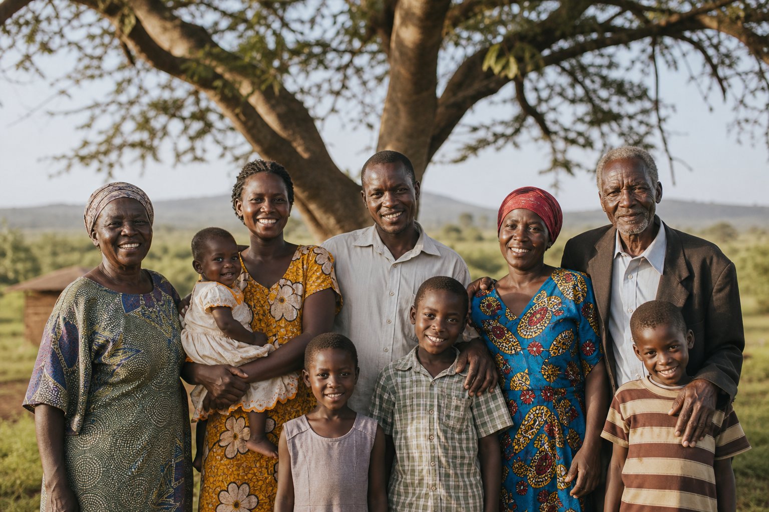 A multi-generational Ugandan family gathered together beneath a tree