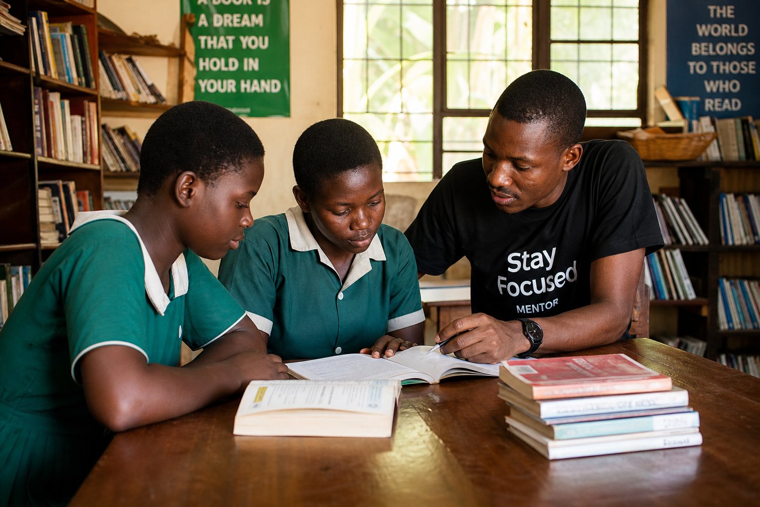 A mentor guiding students through books in a bright community library